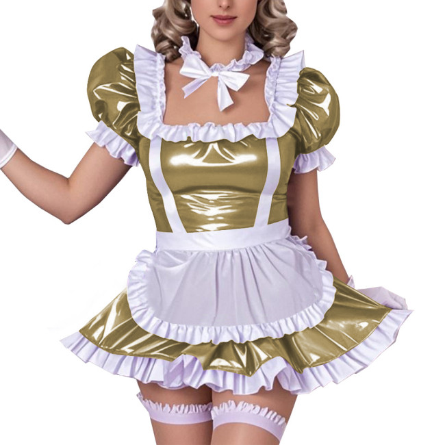 Square Neck Ruffled Edge Sexy Maid Dress Outfits Sissy Wetlook PVC Leather A-Line Dress Sets Raves Party Cosplay Maid Uniforms