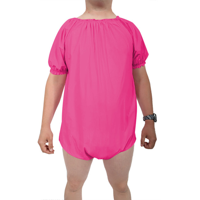 Mens Back Zipper Wetlook Bodysuit Round Collar Short Sleeves One-piece Diaper Loose Romper Club High Cut Jumpsuit Sexy Body Tops