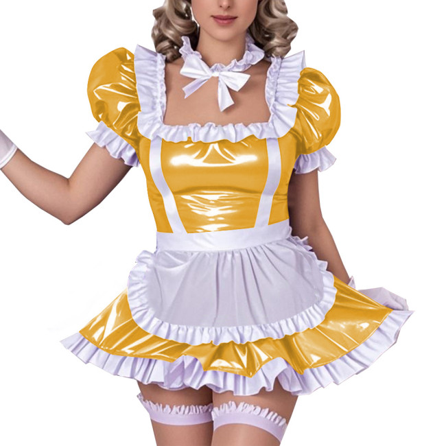 Square Neck Ruffled Edge Sexy Maid Dress Outfits Sissy Wetlook PVC Leather A-Line Dress Sets Raves Party Cosplay Maid Uniforms