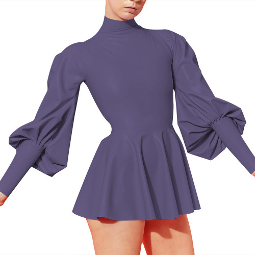 Mens Sissy French Elegant Mini Dresses Vinyl PVC Leather Lantern Sleeve Back Zipper Slim A Line Dress Party Turtleneck Vestidos