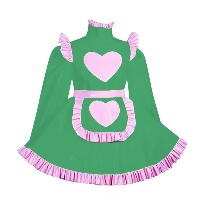 Lockable Adult Cross Dressing Pleated Mini Maid Dress Sissy Lolita Heart A-line PVC Dress with Apron Halloween Cosplay Outfits