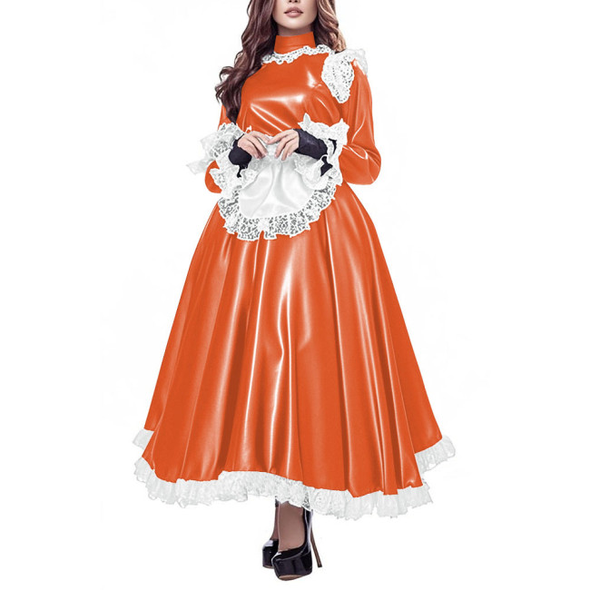 Party Gothic Maid Long Dress Elegant Lolita PU Leather High Waist Maid Dresses with Apron Cross-dresser Cosplay Maid Uniforms
