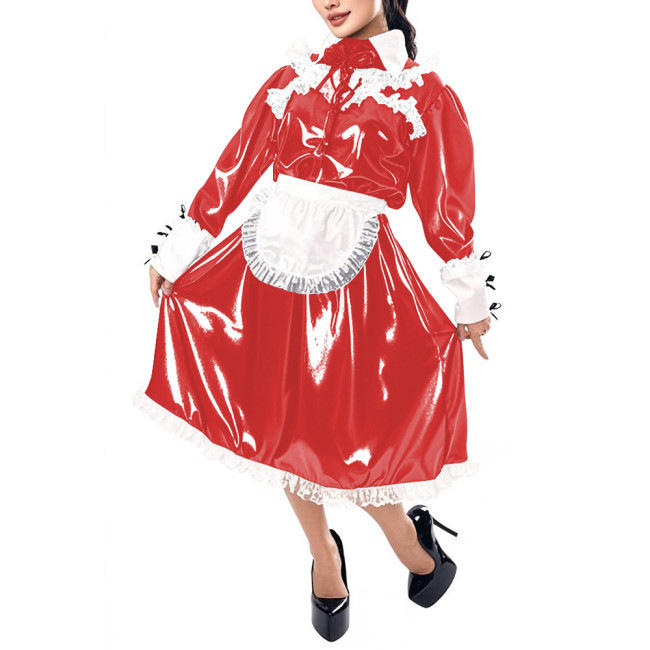 Mens Sissy Maid Cosplay Outfit Long Sleeve Lace Maid Servant Uniform Shiny PVC Leather A-line Maid Dress with Apron Crossdresser