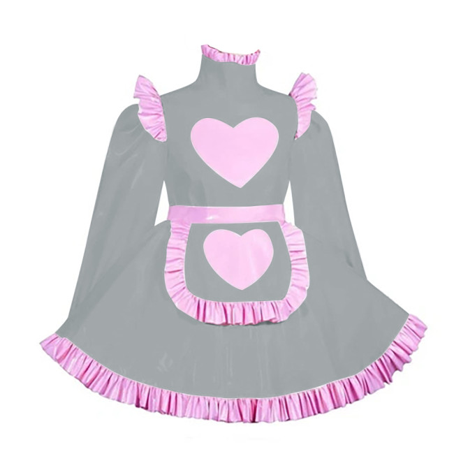 Lockable Adult Cross Dressing Pleated Mini Maid Dress Sissy Lolita Heart A-line PVC Dress with Apron Halloween Cosplay Outfits