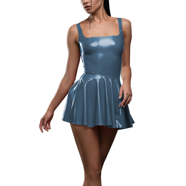 Summer Solid Color Sleeveless Mini Dress Womens Sweet Square Collar High Waist A-line Dress Vinyl PVC Leather Sexy Pleated Dress