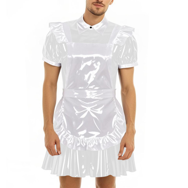 Mens Sissy Party Maid Uniforms Cross-dresser Vinyl Short Sleeve PVC Leather Mini Dress with Apron French Maid Cosplay Dress Sets