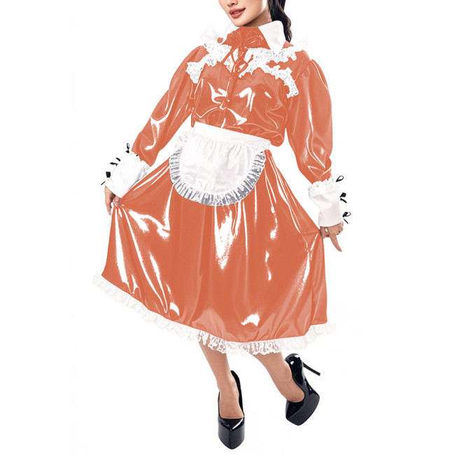 Mens Sissy Maid Cosplay Outfit Long Sleeve Lace Maid Servant Uniform Shiny PVC Leather A-line Maid Dress with Apron Crossdresser