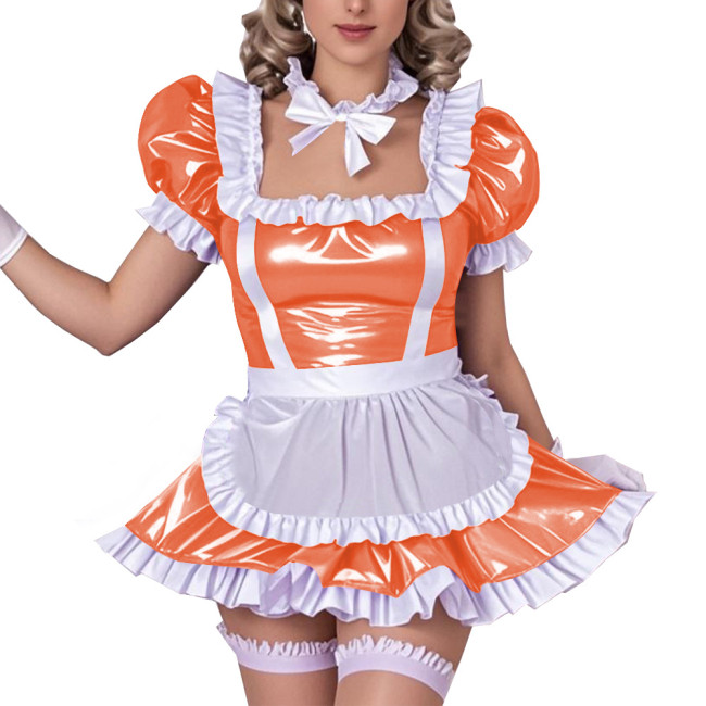 Square Neck Ruffled Edge Sexy Maid Dress Outfits Sissy Wetlook PVC Leather A-Line Dress Sets Raves Party Cosplay Maid Uniforms