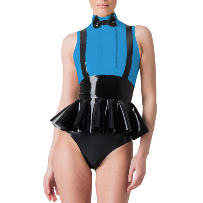 Elegant Bowtie Wetlook PVC Leather Tuxedo Blouse Party Sleeveless Patchwork Ruffles Bodysuit Sissy Skirted Shirt Cosplay Rompers