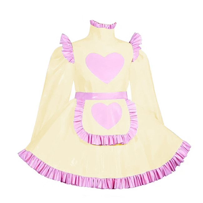 Lockable Adult Cross Dressing Pleated Mini Maid Dress Sissy Lolita Heart A-line PVC Dress with Apron Halloween Cosplay Outfits