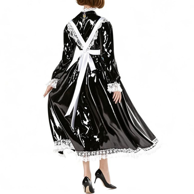 Sissy Crossdress Maid Cosplay Dress Outfits Puff Long Sleeve Lockable Long A-line Lolita Maid Dress Wetlook Apron Servant Dress