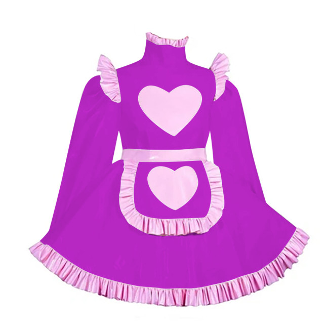 Lockable Adult Cross Dressing Pleated Mini Maid Dress Sissy Lolita Heart A-line PVC Dress with Apron Halloween Cosplay Outfits