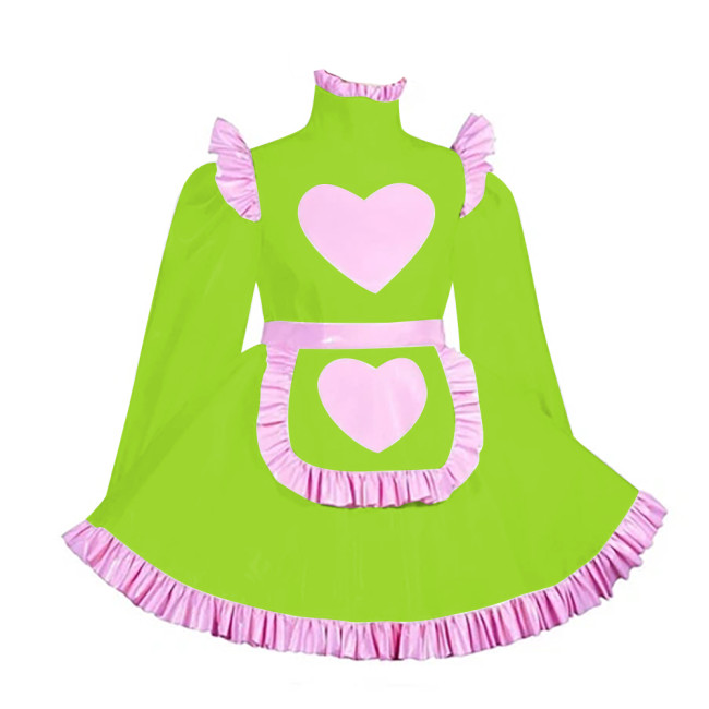Lockable Adult Cross Dressing Pleated Mini Maid Dress Sissy Lolita Heart A-line PVC Dress with Apron Halloween Cosplay Outfits