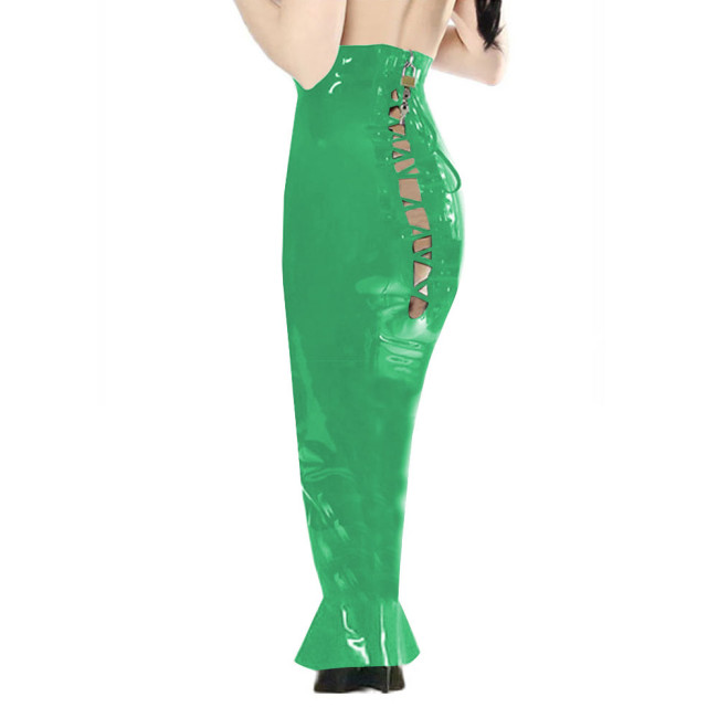 New Sexy Back Lace Up Hollowed Out Skirts Wetlook Mermaid Slim Fit PVC Leather Bodycon Long Skrts Sissy Lockable Spanking Skirt