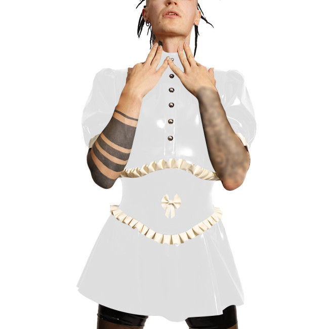 Sissy Retro Glossy PU Leather Maid Dress Turtleneck Belted Punk Gothic Style A-line Dress Wetlook Clubwear Mens Party Outfits