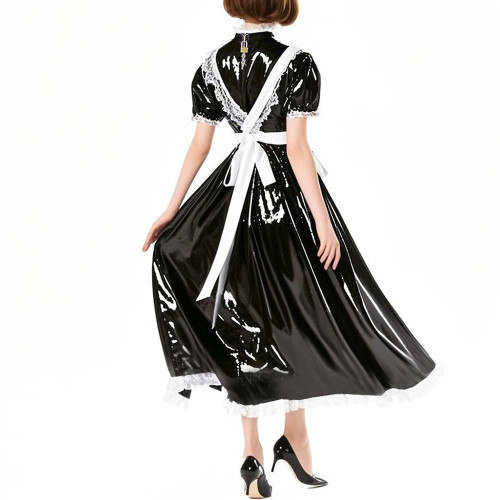 Women Maid Uniforms with Lock Halloween Sweet Maid Waitress Role Play Long Dresses Shiny PVC Leather Lolita Costume
