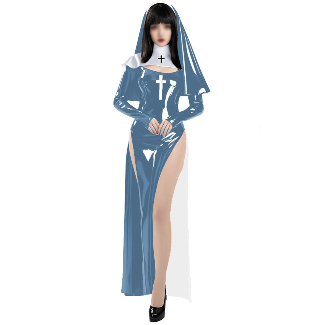 Sissy Party Nun Cosplay Costume Shiny PVC Long Sleeve Dress Uniform Wetlook Halloween Outfit Adult Sexy Nun Dress with Headgear