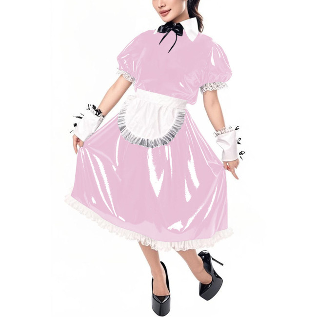 Sissy Puff Short Sleeve Vinyl PVC Maid Dresses Halloween Party Cosplay Servant Uniform Cross Dresser Midi Maid Dress with Apron