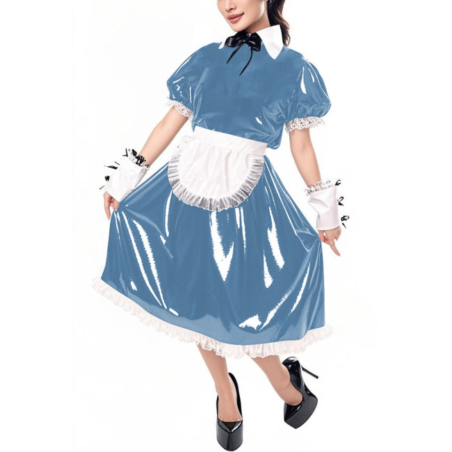 Sissy Puff Short Sleeve Vinyl PVC Maid Dresses Halloween Party Cosplay Servant Uniform Cross Dresser Midi Maid Dress with Apron