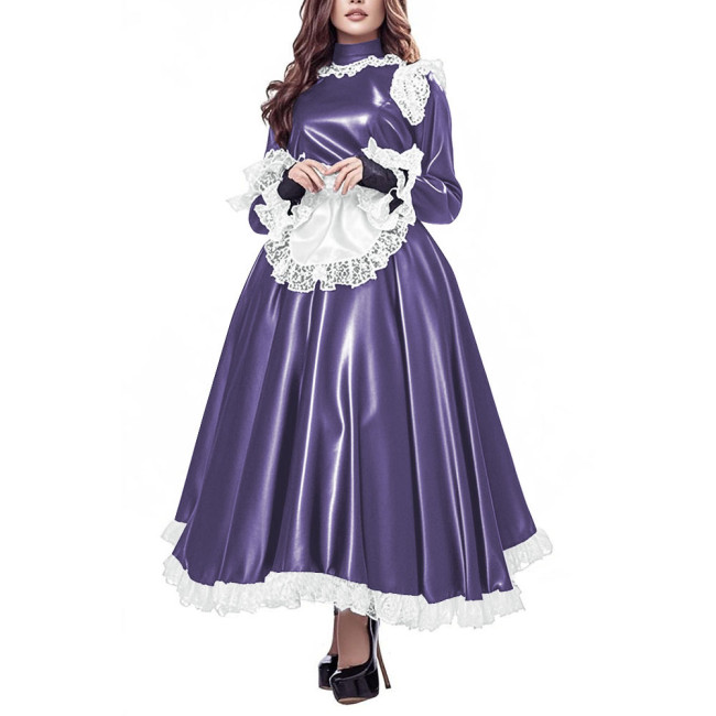 Party Gothic Maid Long Dress Elegant Lolita PU Leather High Waist Maid Dresses with Apron Cross-dresser Cosplay Maid Uniforms