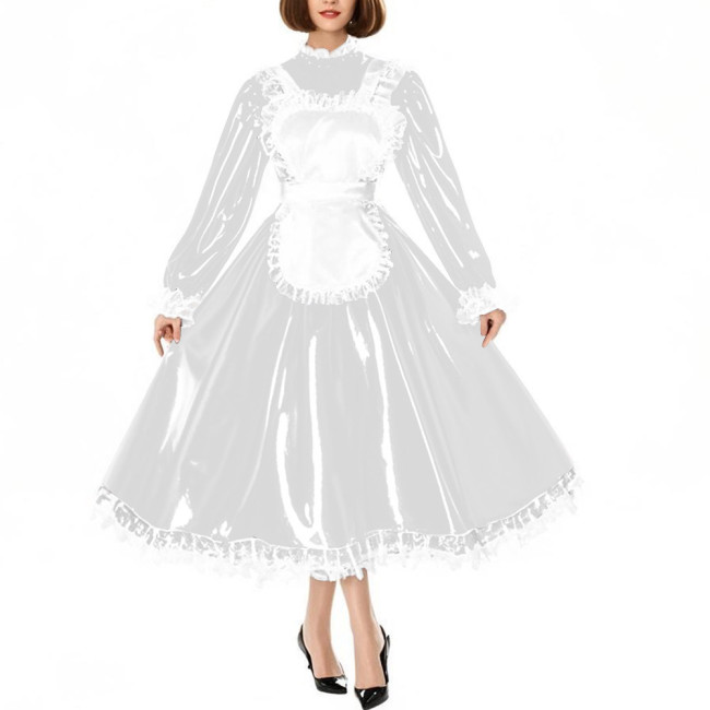 Sissy Crossdress Maid Cosplay Dress Outfits Puff Long Sleeve Lockable Long A-line Lolita Maid Dress Wetlook Apron Servant Dress