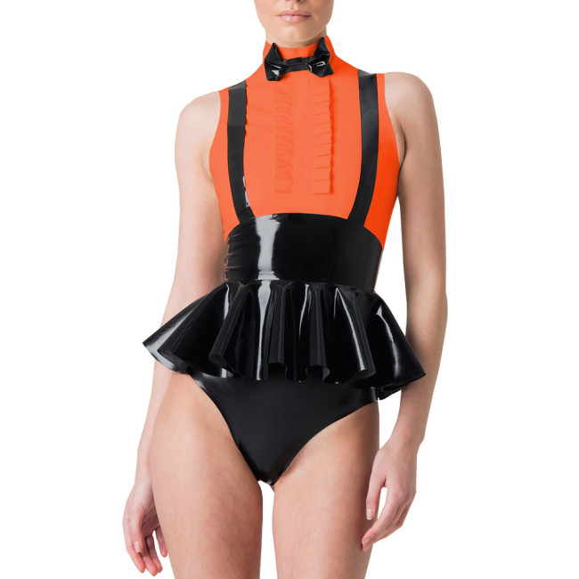 Elegant Bowtie Wetlook PVC Leather Tuxedo Blouse Party Sleeveless Patchwork Ruffles Bodysuit Sissy Skirted Shirt Cosplay Rompers