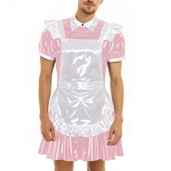 Mens Sissy Party Maid Uniforms Cross-dresser Vinyl Short Sleeve PVC Leather Mini Dress with Apron French Maid Cosplay Dress Sets