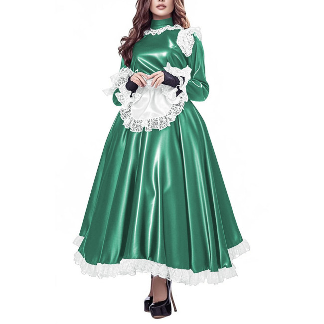 Party Gothic Maid Long Dress Elegant Lolita PU Leather High Waist Maid Dresses with Apron Cross-dresser Cosplay Maid Uniforms