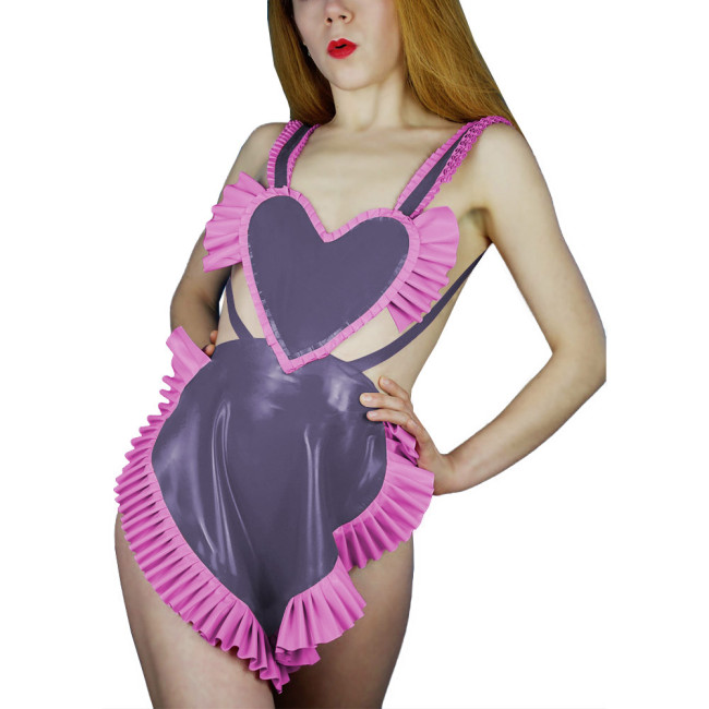 Sweet Sexy Backless Heart Apron Erotic Dress Shiny PVC Leather Ruffled Shoulder Strap Apron Raves Party Cosplay Accessories 7XL