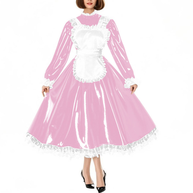 Sissy Crossdress Maid Cosplay Dress Outfits Puff Long Sleeve Lockable Long A-line Lolita Maid Dress Wetlook Apron Servant Dress