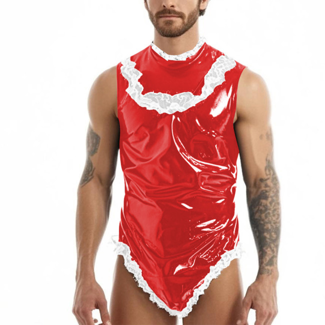 Men Sissy French Maid Bodysuit PVC Wetlook Leather Sleeveless Rompers Ruffles Lace High Neck High Cut Catsuit Cosplay Costume