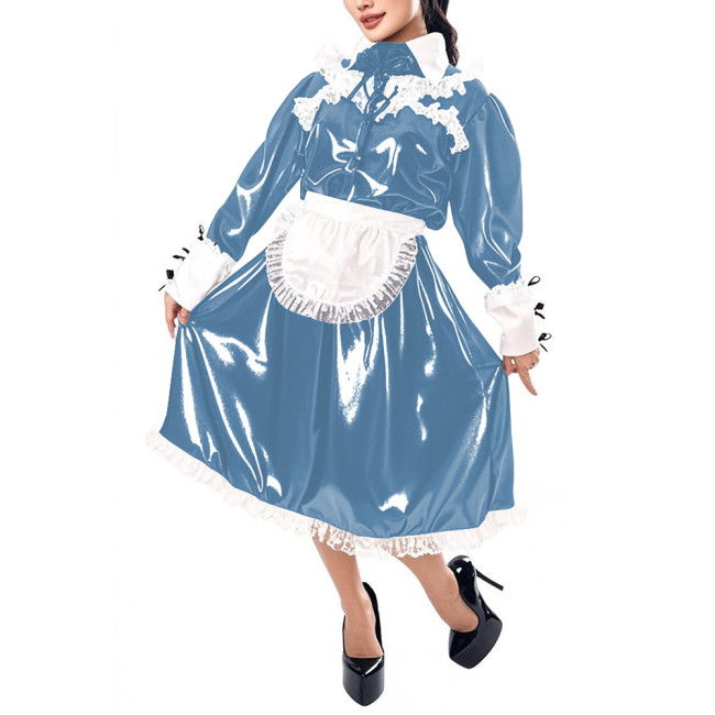 Mens Sissy Maid Cosplay Outfit Long Sleeve Lace Maid Servant Uniform Shiny PVC Leather A-line Maid Dress with Apron Crossdresser