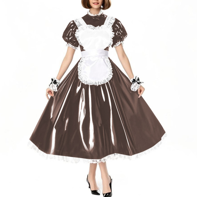 Women Maid Uniforms with Lock Halloween Sweet Maid Waitress Role Play Long Dresses Shiny PVC Leather Lolita Costume