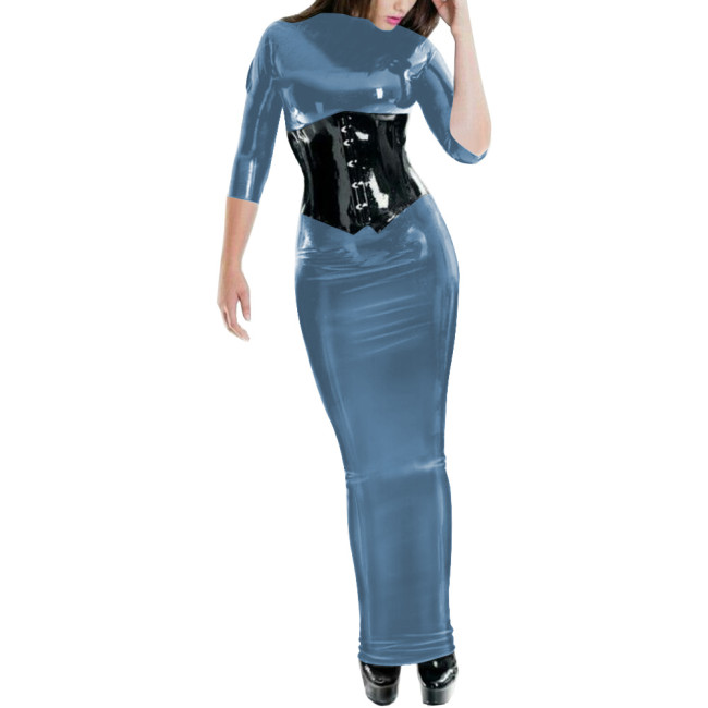 Sexy Solid Color PVC Shiny Slim Bodycon Dress Women 3/4 Sleeves Skinny Long Dress Elegant Hobble Pencil Dress Club Party Vestido