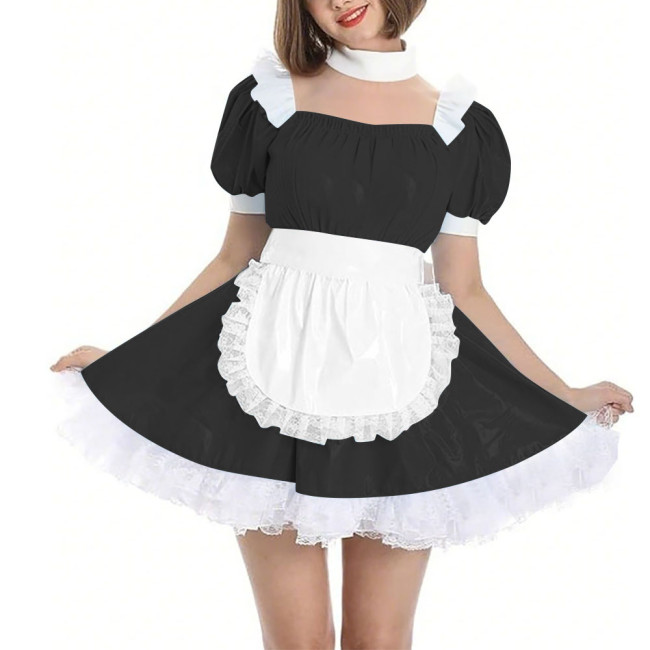 Womens Wetlook Maid Outfit Anime French Apron Lolita Maid Uniforms Cross-dresser Mini Maid Fancy Dress Cosplay Costume for Party