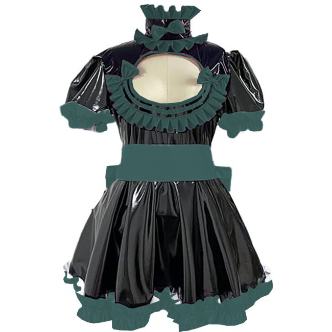 Cross Dresser Ruffles Hem A-line Maid Dresses Sissy Vinyl PVC Leather Lolita Maid Dress Exotic Hollow Pleat Short Dress Outfits