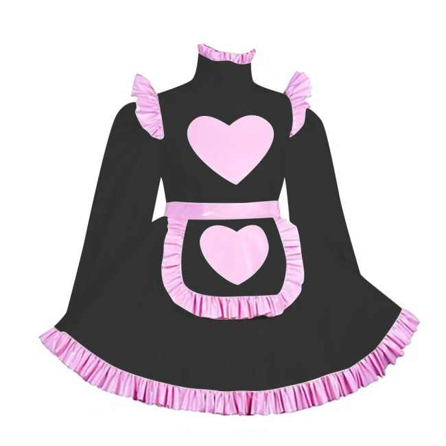 Lockable Adult Cross Dressing Pleated Mini Maid Dress Sissy Lolita Heart A-line PVC Dress with Apron Halloween Cosplay Outfits