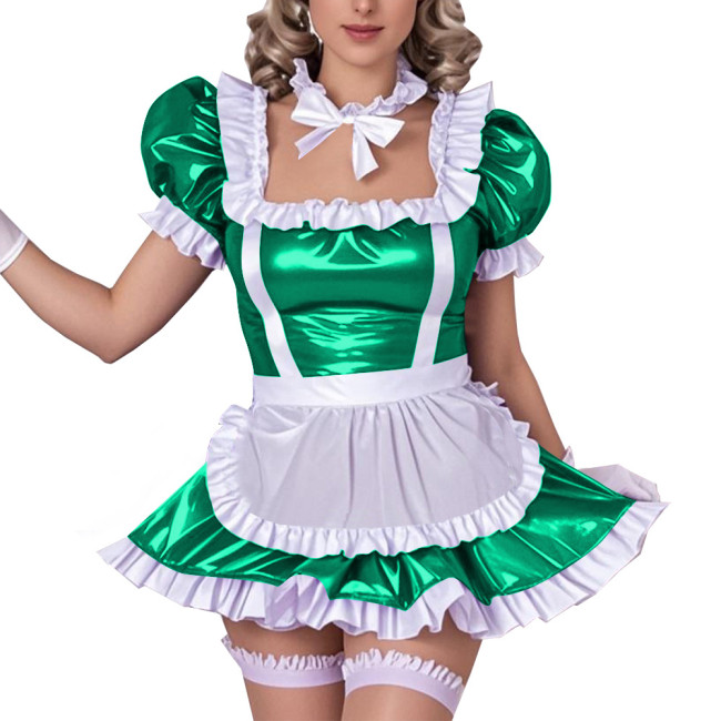 Square Neck Ruffled Edge Sexy Maid Dress Outfits Sissy Wetlook PVC Leather A-Line Dress Sets Raves Party Cosplay Maid Uniforms