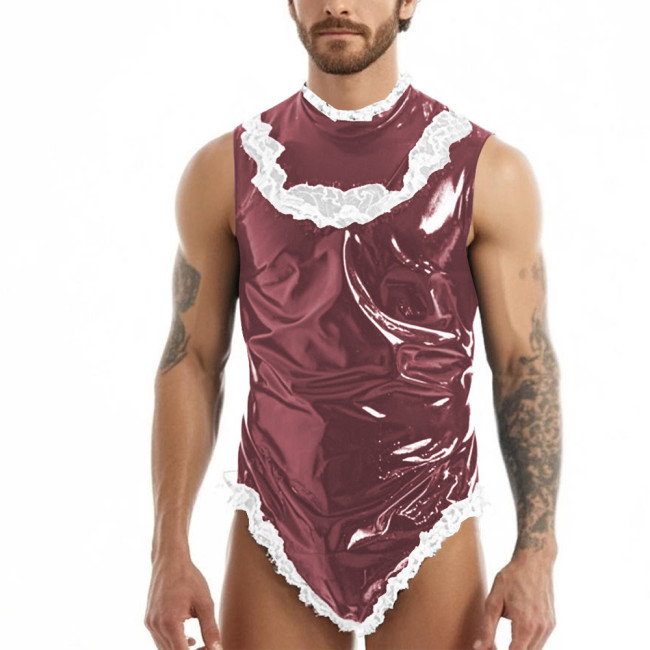 Men Sissy French Maid Bodysuit PVC Wetlook Leather Sleeveless Rompers Ruffles Lace High Neck High Cut Catsuit Cosplay Costume