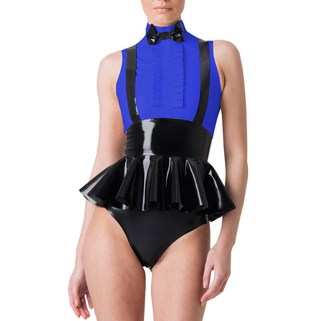 Elegant Bowtie Wetlook PVC Leather Tuxedo Blouse Party Sleeveless Patchwork Ruffles Bodysuit Sissy Skirted Shirt Cosplay Rompers