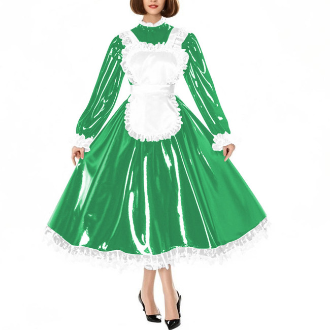 Sissy Crossdress Maid Cosplay Dress Outfits Puff Long Sleeve Lockable Long A-line Lolita Maid Dress Wetlook Apron Servant Dress