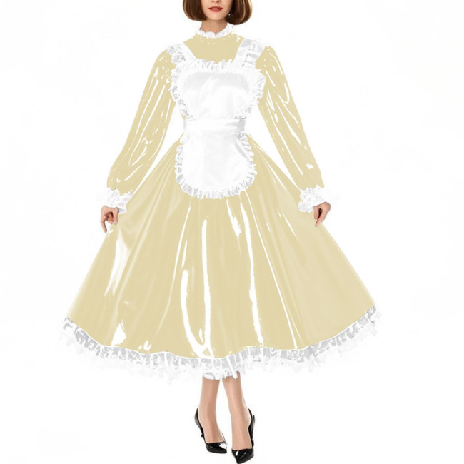 Sissy Crossdress Maid Cosplay Dress Outfits Puff Long Sleeve Lockable Long A-line Lolita Maid Dress Wetlook Apron Servant Dress