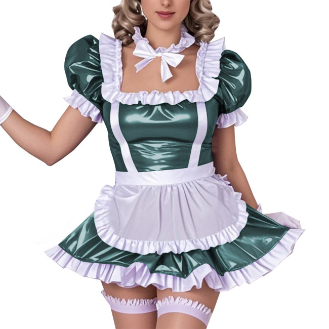 Square Neck Ruffled Edge Sexy Maid Dress Outfits Sissy Wetlook PVC Leather A-Line Dress Sets Raves Party Cosplay Maid Uniforms