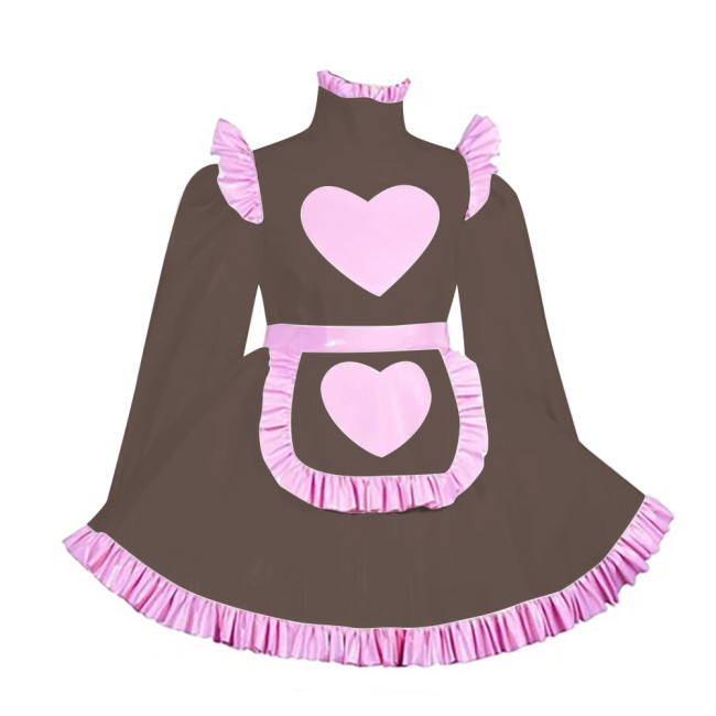 Lockable Adult Cross Dressing Pleated Mini Maid Dress Sissy Lolita Heart A-line PVC Dress with Apron Halloween Cosplay Outfits