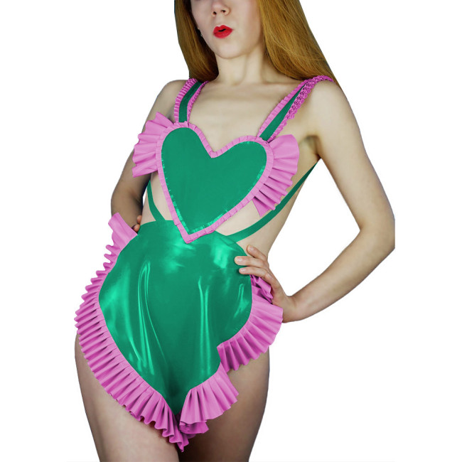 Sweet Sexy Backless Heart Apron Erotic Dress Shiny PVC Leather Ruffled Shoulder Strap Apron Raves Party Cosplay Accessories 7XL