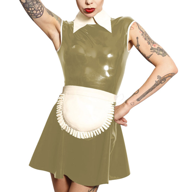 Mens Sissy Latex-look Maid Outfit Sleeveless A-line Mini Dress with Apron Unisex PVC Maid Uniforms Raves Party Cosplay Costume