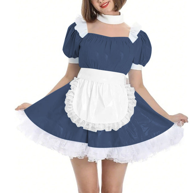 Womens Wetlook Maid Outfit Anime French Apron Lolita Maid Uniforms Cross-dresser Mini Maid Fancy Dress Cosplay Costume for Party