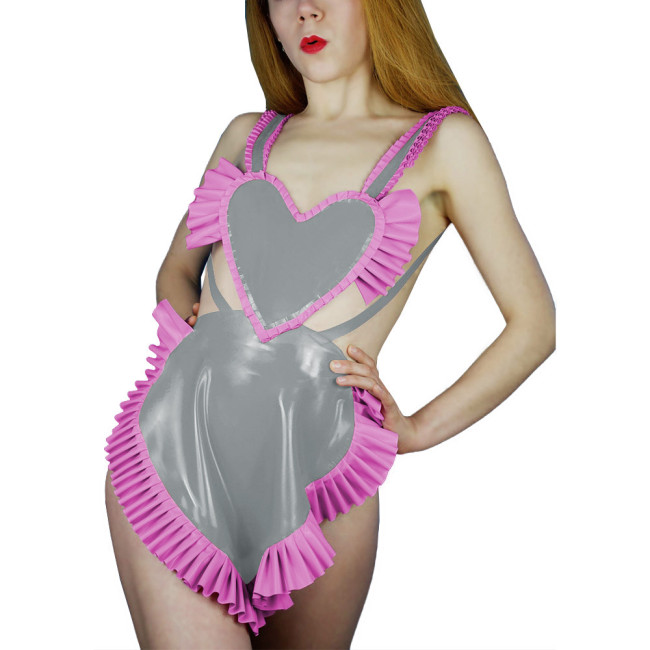 Sweet Sexy Backless Heart Apron Erotic Dress Shiny PVC Leather Ruffled Shoulder Strap Apron Raves Party Cosplay Accessories 7XL