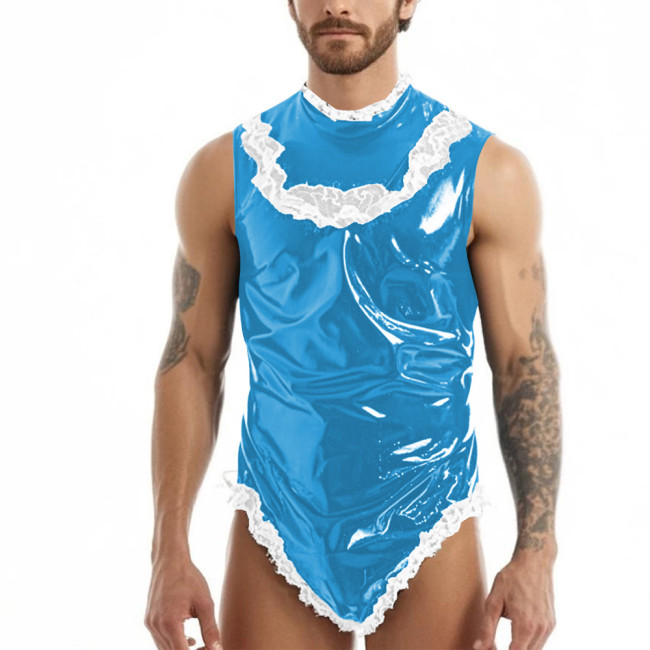 Men Sissy French Maid Bodysuit PVC Wetlook Leather Sleeveless Rompers Ruffles Lace High Neck High Cut Catsuit Cosplay Costume