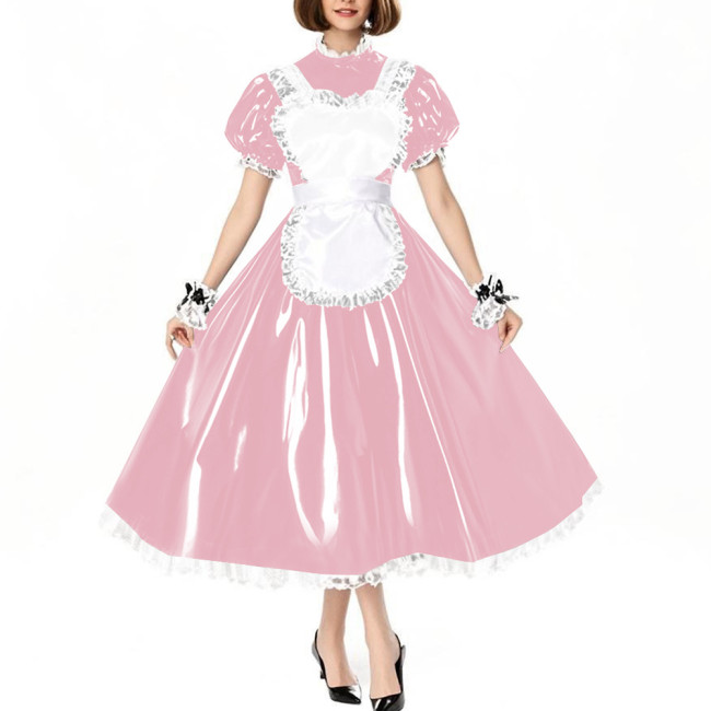 Women Maid Uniforms with Lock Halloween Sweet Maid Waitress Role Play Long Dresses Shiny PVC Leather Lolita Costume